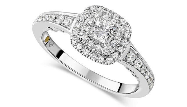 White gold engagement ring with princess cut diamond and double halo